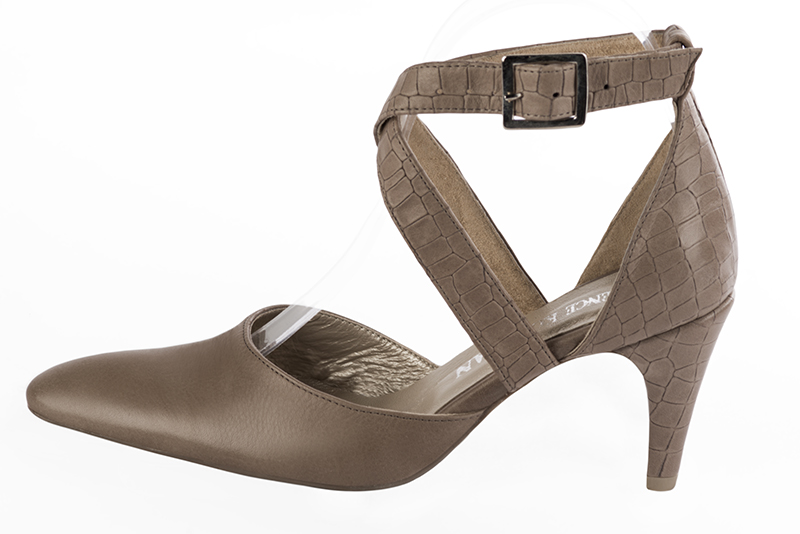 Bronze beige women's open side shoes, with crossed straps. Tapered toe. High slim heel. Profile view - Florence KOOIJMAN